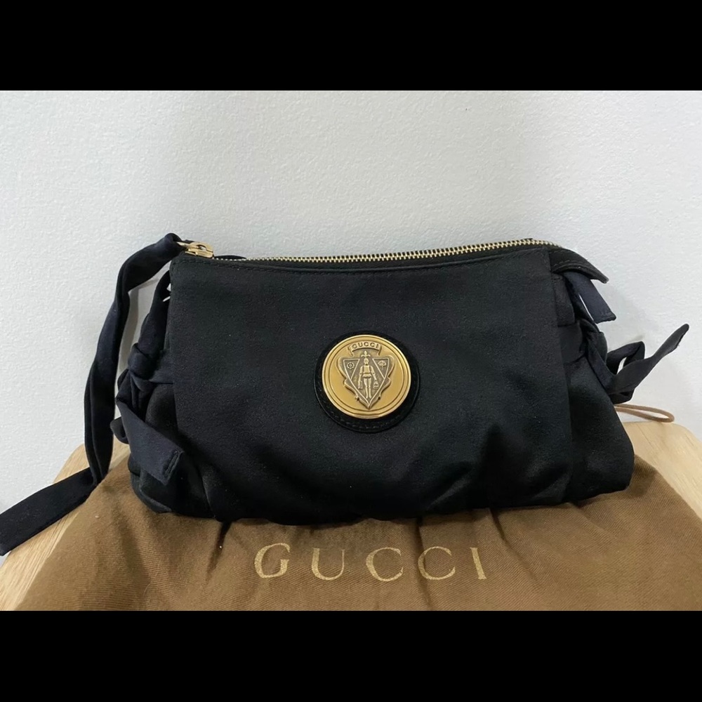 Gucci Satin Side Bow Wristlet Purse Black